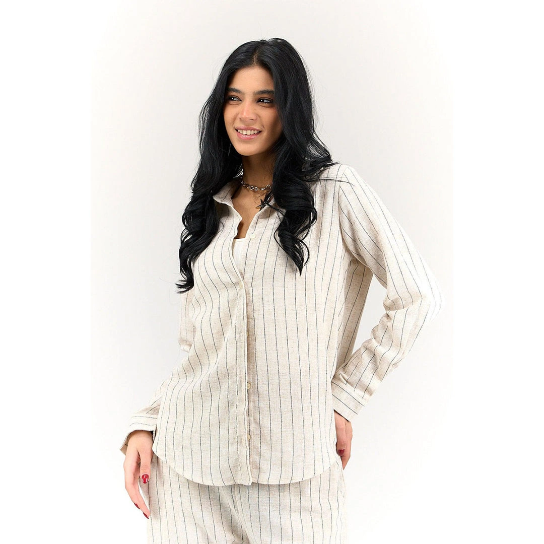 قميص كتان مخطط حريمي - بيج 17789