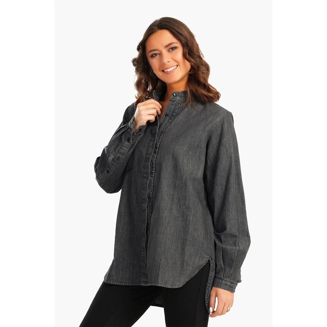 قميص نص رقبة جينس طويل حريمي - رمادي 17378