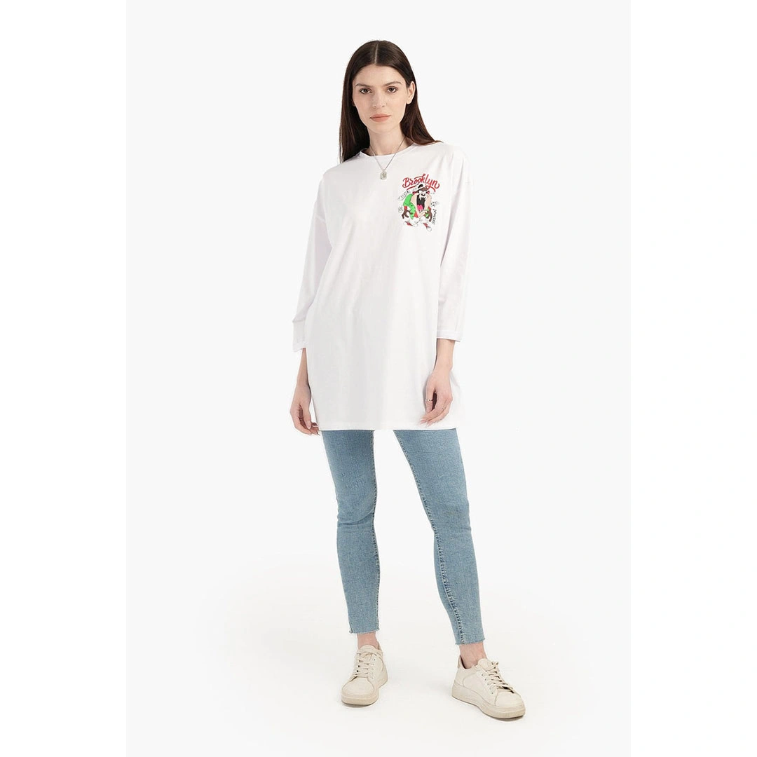 تيشيرت طويل مطبوع حريمي - أبيض 17711