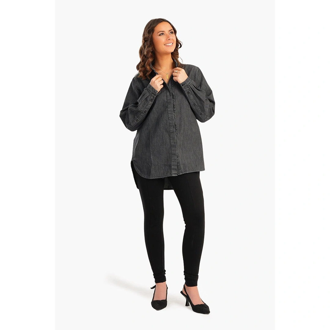 قميص نص رقبة جينس طويل حريمي - رمادي 17378