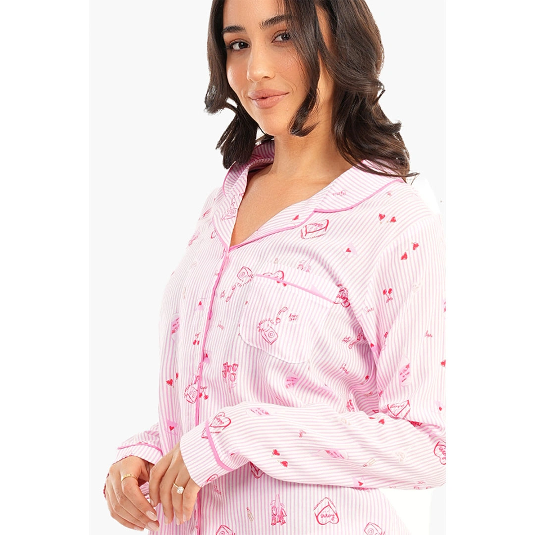 طقم بيجامة حريمي مقلم - بينك - 55550