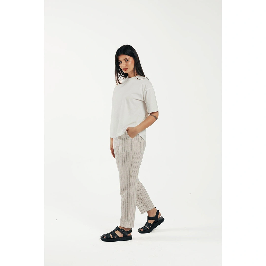 بنطلون كتان مخطط حريمي - بيج 17792