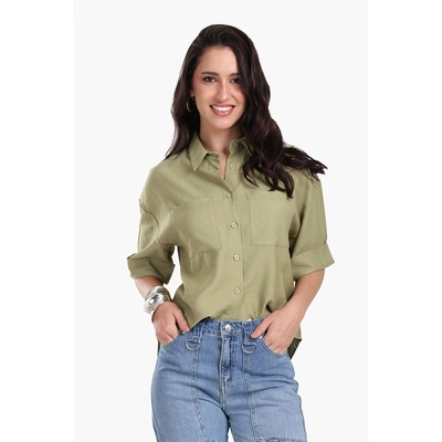 كلو قميص بأكمام قصيرة مطوية حريمي - زيتي