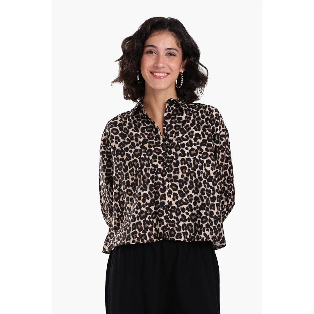 Clue Leopard Print Tencel Women's Shirt - Cafe
