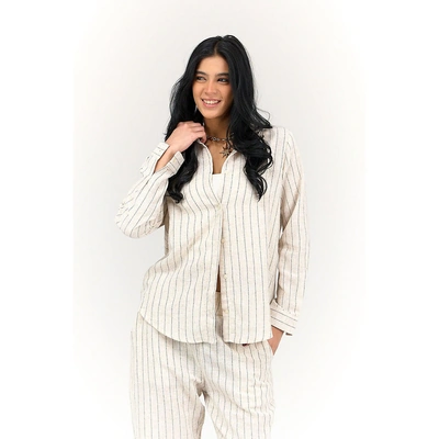 قميص كتان مخطط حريمي - بيج 17789