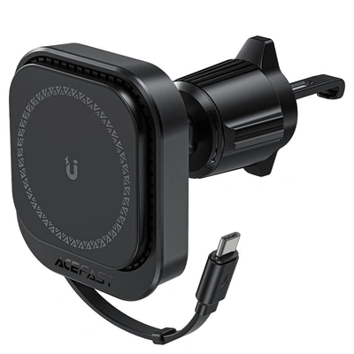 حامل سيارة مغناطيسي D32 مع شحن لاسلكي وكابل قابل للسحب للفتيس الهوائي - أسود