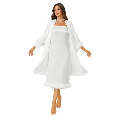 قميص نوم طويل ستان بأطراف فاروو - 2 قطعة - أبيض 192