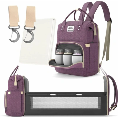 شنطة ظهر للحفاضات مع احزمة لعربة الاطفال وتخزين الزجاجات بسعة كبيرة - موف