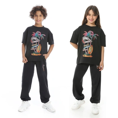 طقم بيجامة مطبوع مع بنطلون للأطفال - أسود - 1426