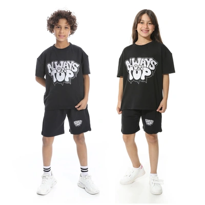 طقم بيجامة مطبوع مع شورت للأطفال - أسود - 1435