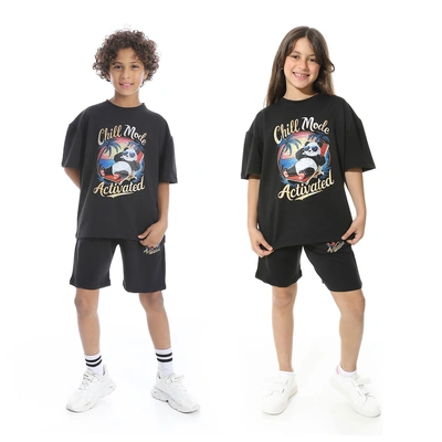 طقم بيجامة مطبوع مع شورت للأطفال - أسود - 1436