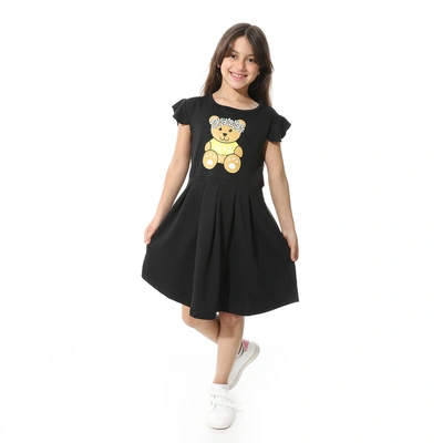 فستان مطبوع أمامي للبنات - أسود - g02