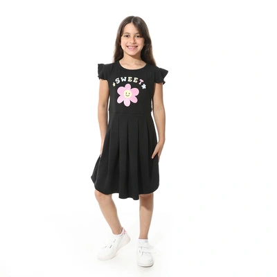 فستان مطبوع أمامي للبنات - أسود - g03