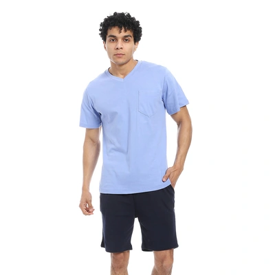 بيجامة رجالي بشورت برقبة على شكل حرف V - أزرق - h102