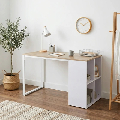 Noah Mobilya مكتب مودرن بأرفف ورجل معدنية - 120×60 سم - بيج / أبيض