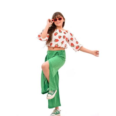 طقم بناتي توب وبنطلون - أخضر/أبيض - 42610