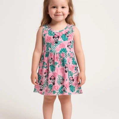 فستان منقوش بناتي قطن - بينك