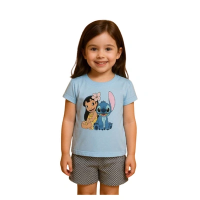 طقم شورت قطني مخطط للبنات - أزرق فاتح - Tg304