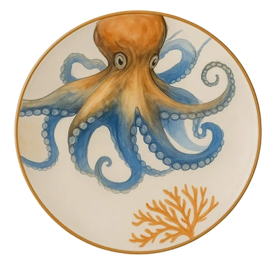 طبق بورسلين ذهبي مطبوع من ديليشيا - تصميم أخطبوط - 27 سم