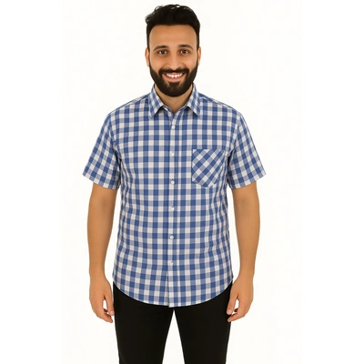 قميص رجالي قطن كاروهات نصف كم كاجوال