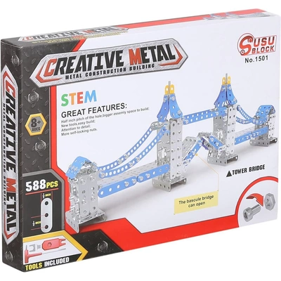 مجموعة بناء جسر برج معدني للأطفال - 588 قطعة للتجميع والتعلم