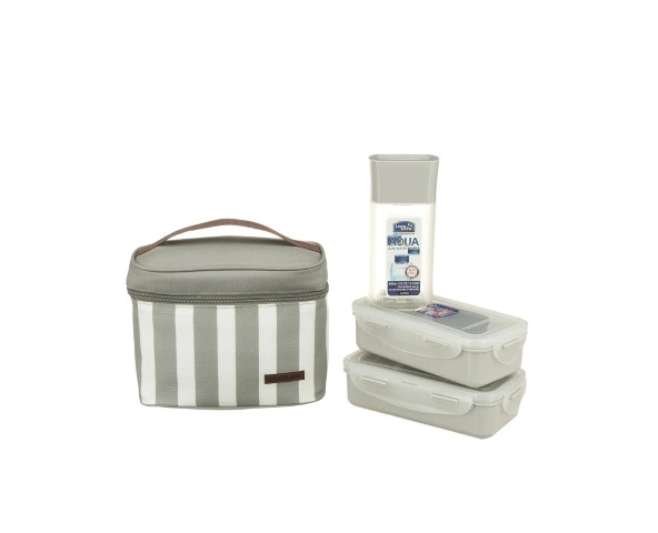 ‎Lock & Lock طقم لانش بوكس 3 قطع مع لانش باج - رمادي/أبيض