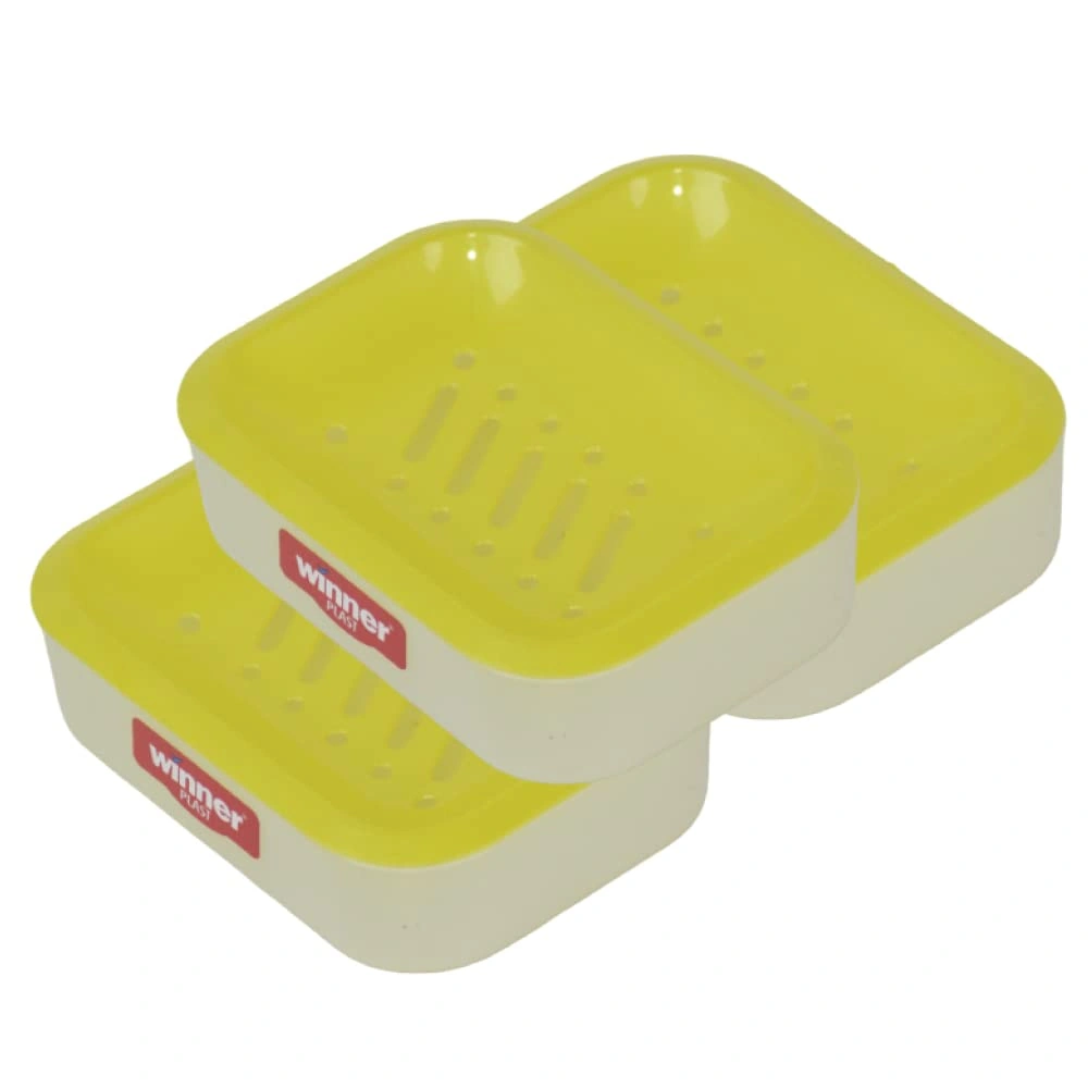 علبة صابون بشكل مستطيل مع مصفاه لحمل الصابون - أصفر/أبيض