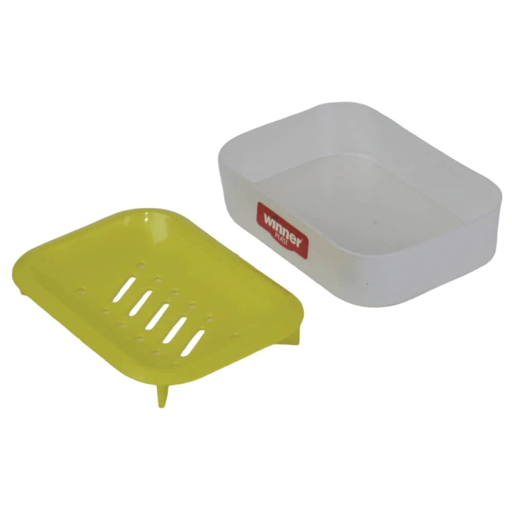 علبة صابون بشكل مستطيل مع مصفاه لحمل الصابون - أصفر/أبيض