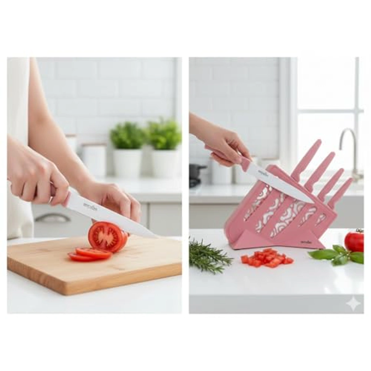طقم سكاكين مطبخ مع حامل - 5 قطع - وردي - 19041
