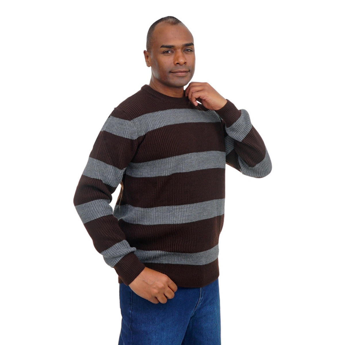 بلوفر صوف مخطط رقبة دائرية رجالي - 108020026
