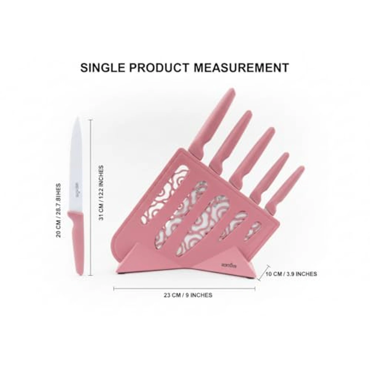 طقم سكاكين مطبخ مع حامل - 5 قطع - وردي - 19041