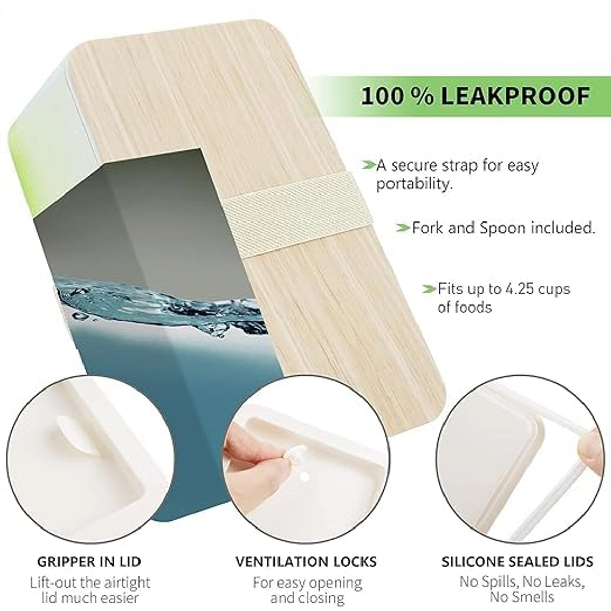 لانش بوكس ياباني مقسم خالٍ من BPA - أخضر - 1 لتر