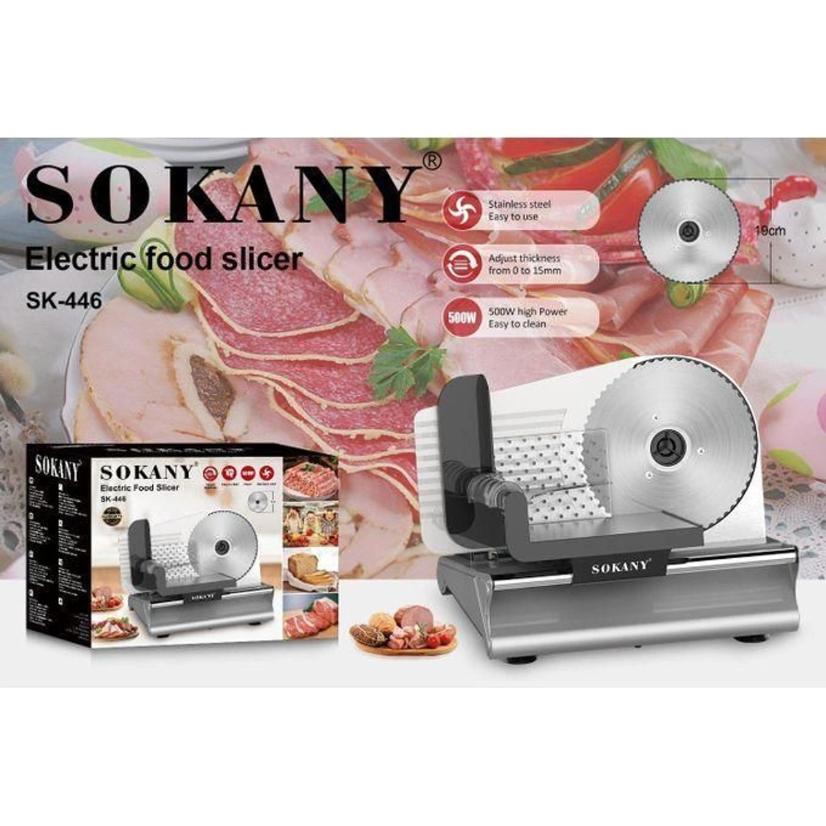 Sokany SK-446 Meat Slicer 500W - Silver & Black