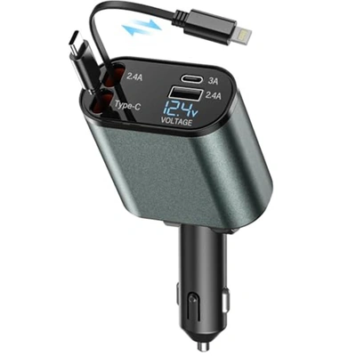 شاحن سيارة 120 واط بمنفذين Type-A وType-C مع كابل مدمج USB-C/لايتنينج