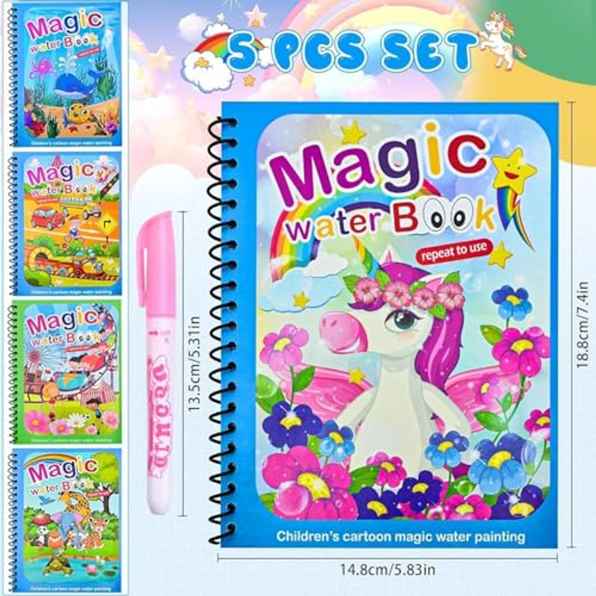 كتاب تلوين مائي سحري قابل لإعادة الاستخدام - 5 كتب