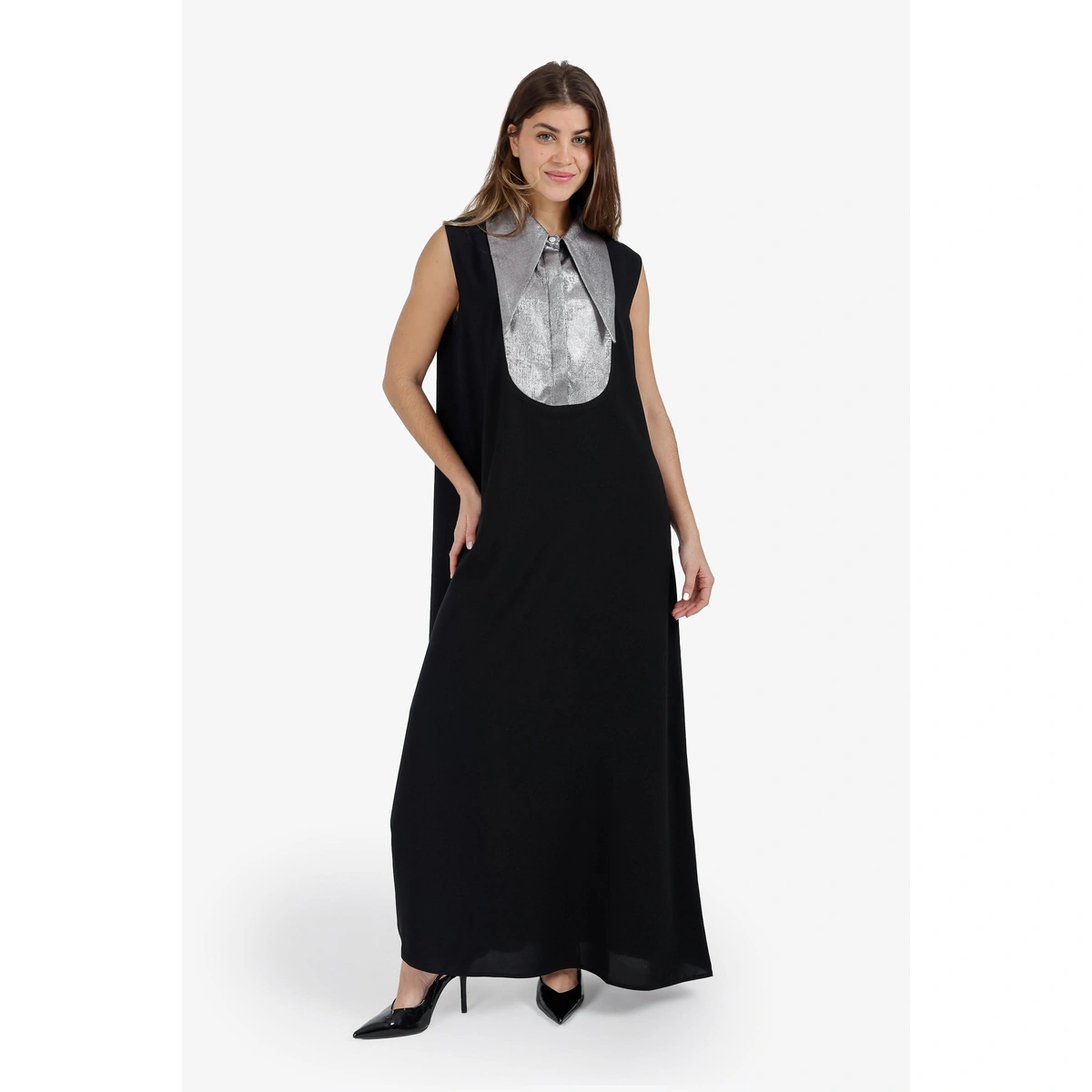 فستان كريب ماكسي بياقة متباينة  من كارينا- 58664