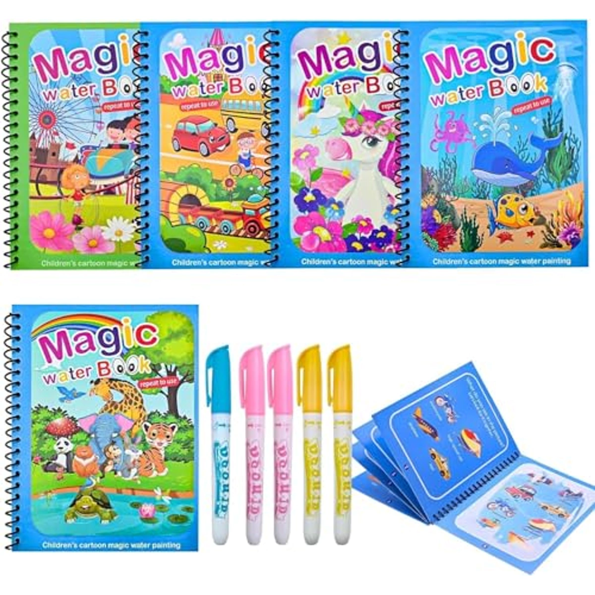 كتاب تلوين مائي سحري قابل لإعادة الاستخدام - 5 كتب