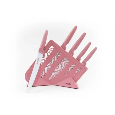 طقم سكاكين مطبخ مع حامل - 5 قطع - وردي - 19041