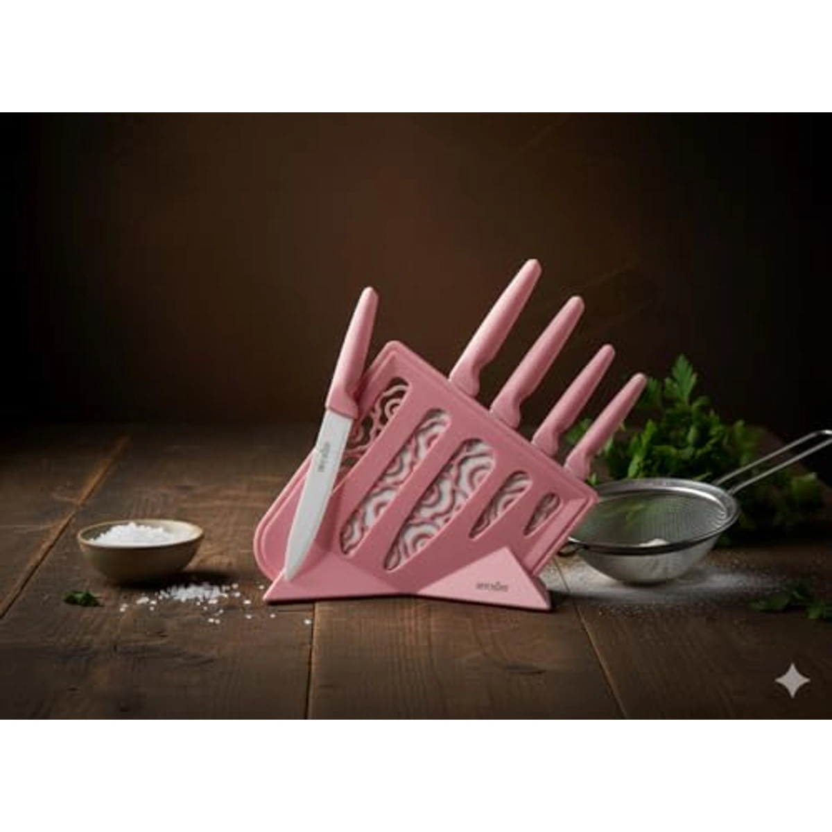 طقم سكاكين مطبخ مع حامل - 5 قطع - وردي - 19041