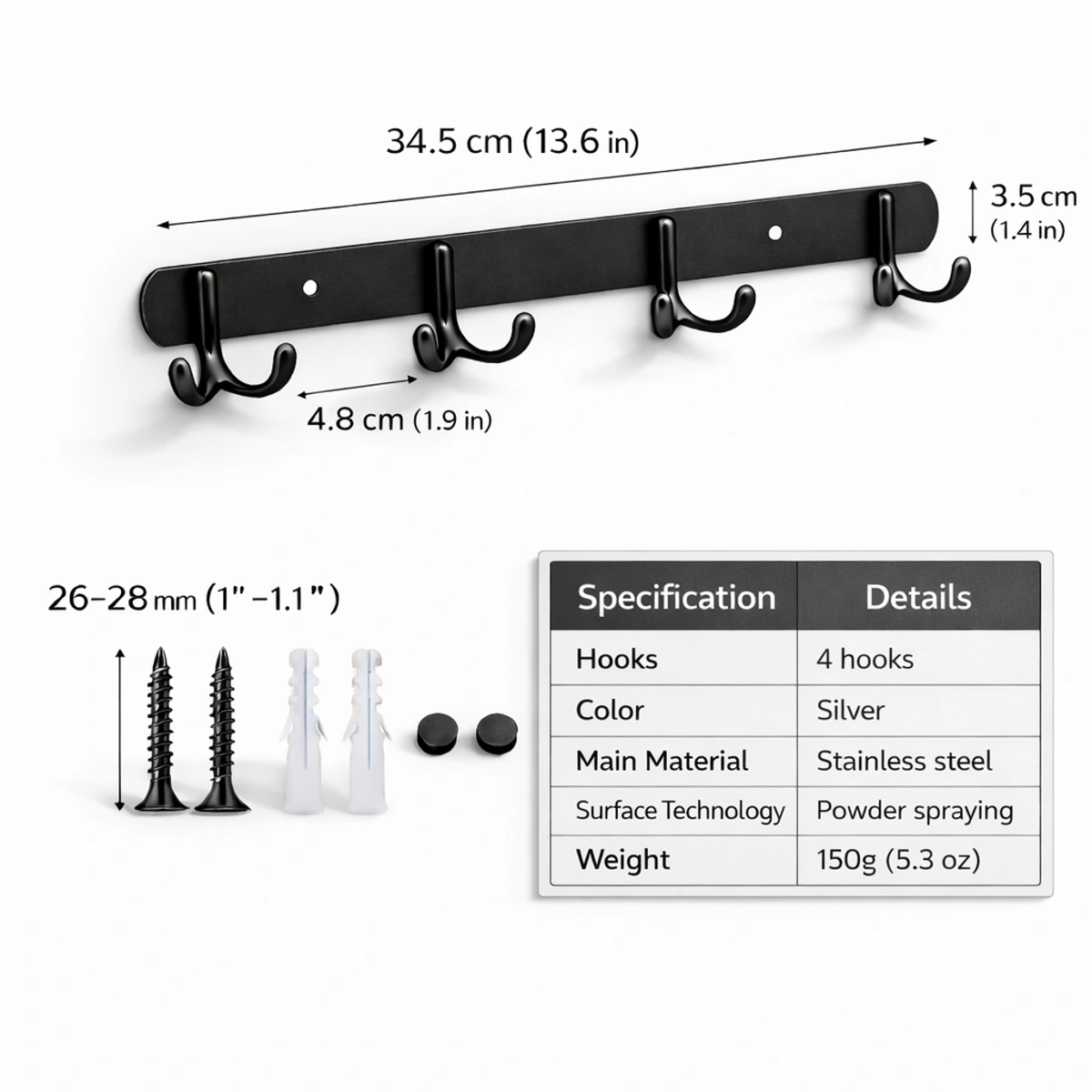 علاقة ملابس ستانلس ستيل مع 4 خطافات مزدوجة – أسود