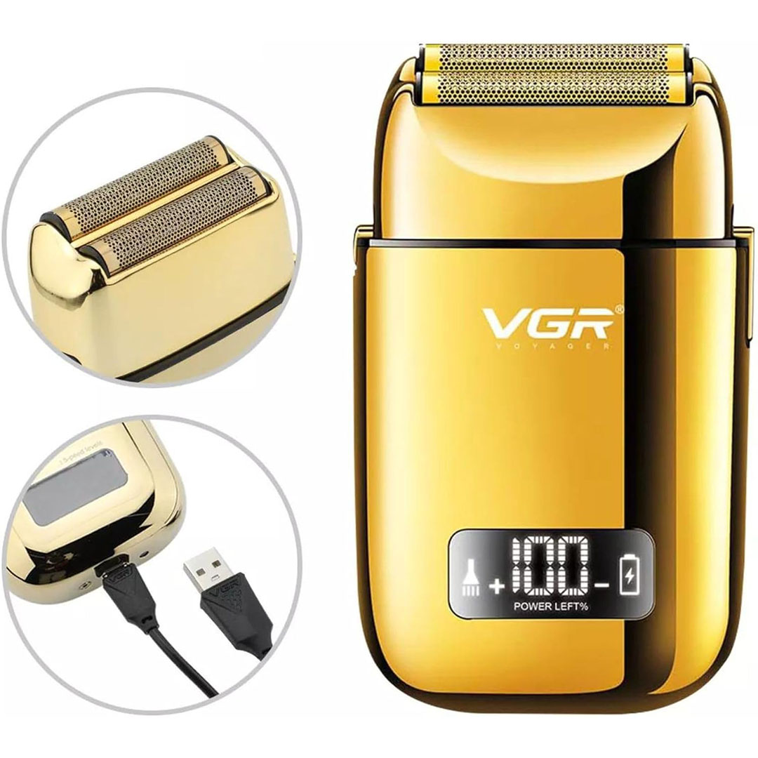 ماكينة حلاقة في جي أر لتشذيب اللحية للرجال قابلة للشحن - ذهبي - V-338