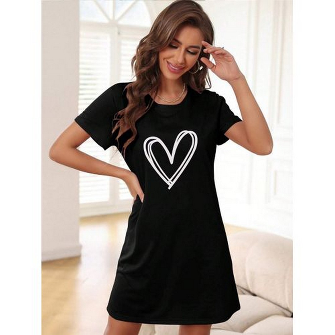 ميسيري قميص نوم قطن حريمي مطبوع أكمام قصيرة - أسود