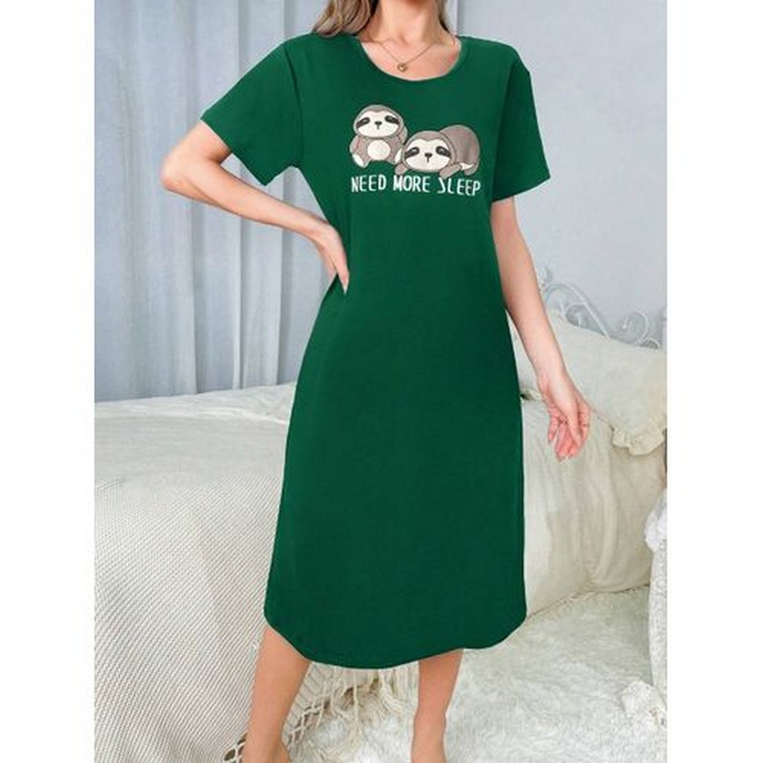 ميسيري قميص نوم قطن حريمي أكمام قصيرة سادة - زيتي