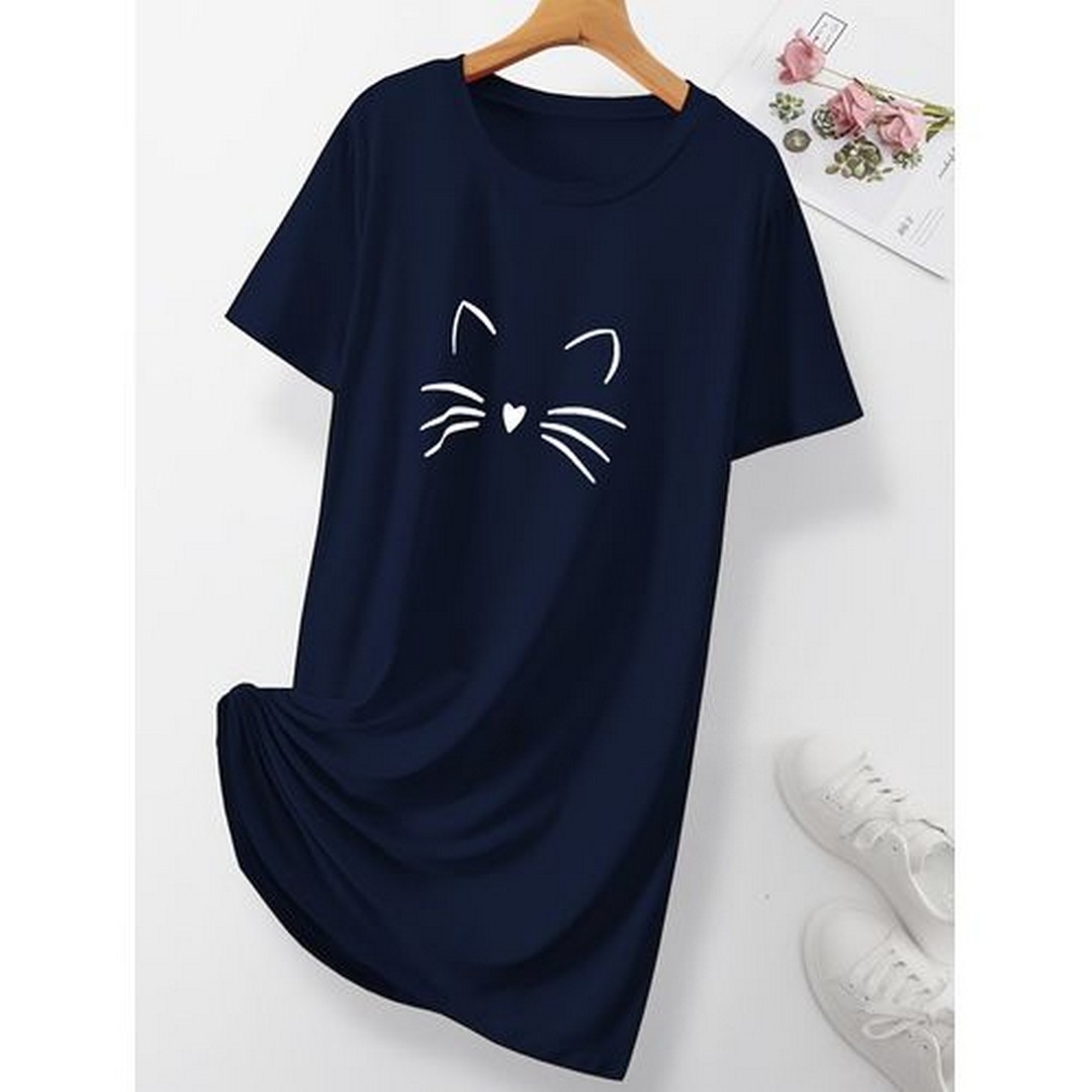 ميسيري قميص نوم حريمي مطبوع أكمام قصيره - كحلي