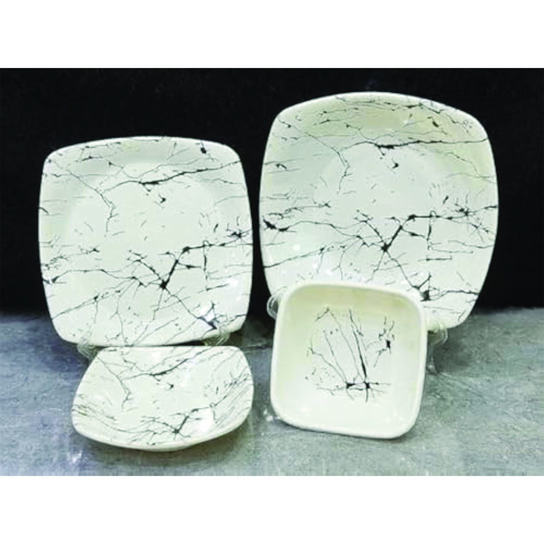 طقم عشاء ميلامين شكل رخامي مقاسات مختلفة - 24 قطعة - أبيض