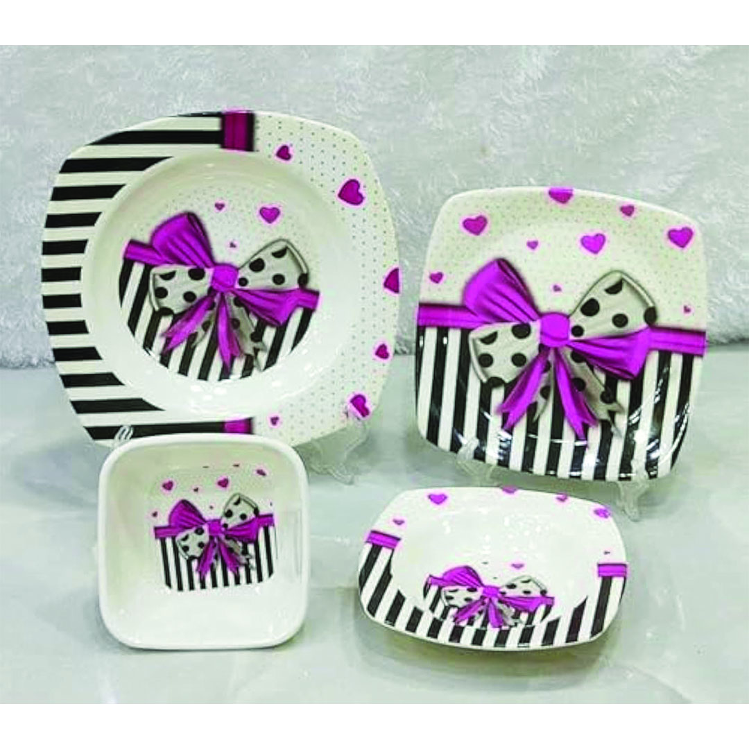 طقم عشاء ميلامين مربع الشكل أحجام مختلفة - 24 قطعة - أبيض