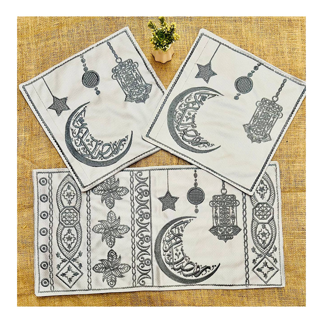 مفارش رمضان - 3 قطع - أبيض/رمادي