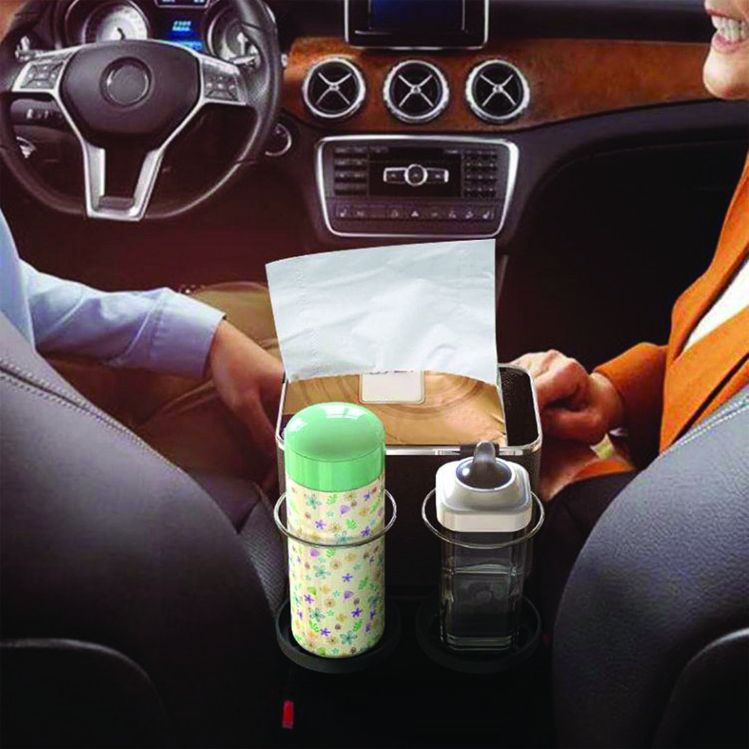 حامل اكواب قابل للطي مع صندوق تخزين للسياره - بيج/أسود