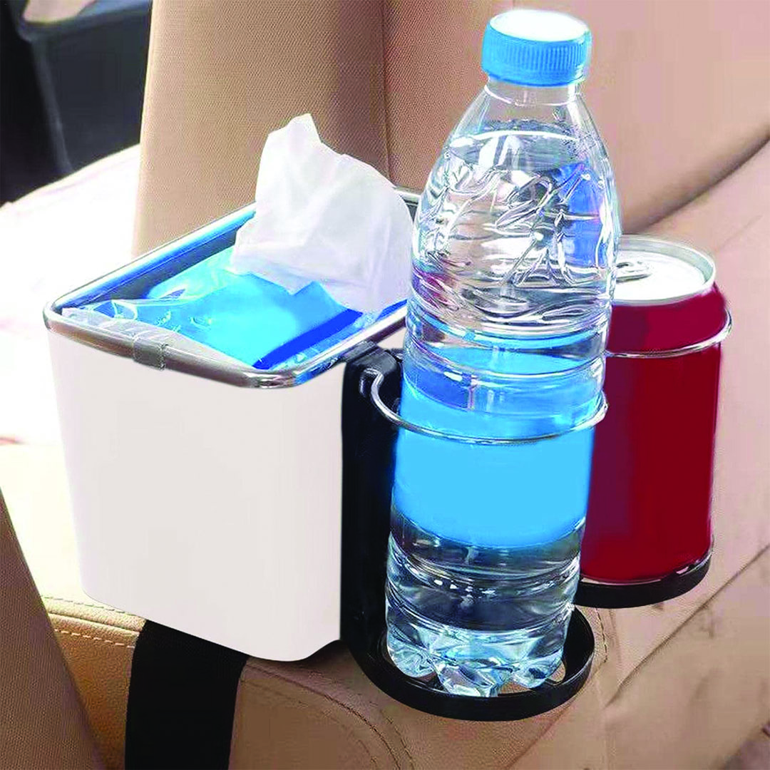 حامل اكواب قابل للطي مع صندوق تخزين للسياره - بيج/أسود