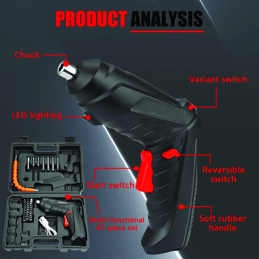 مجموعة مفك كهربائي لاسلكي قابل للشحن - 47 قطعة - 4.2 فولت - أسود